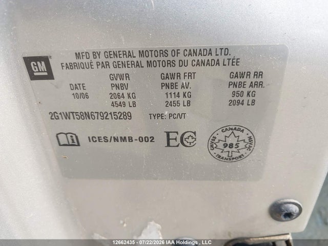 Продажа на аукционе авто 2007 Chevrolet Impala Lt, vin: 2G1WT58N679215289, номер лота: 12662435