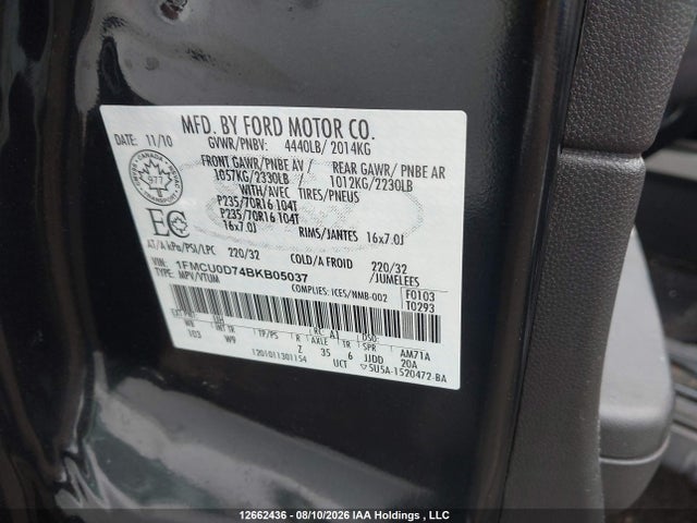 12662436 :رقم المزاد ، 1FMCU0D74BKB05037 vin ، 2011 Ford Escape Xlt Automatic مزاد بيع