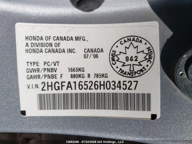 Продажа на аукционе авто 2006 Honda Civic Lx, vin: 2HGFA16526H034527, номер лота: 12662446