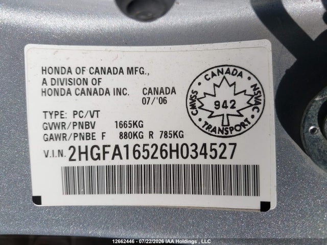 Продажа на аукционе авто 2006 Honda Civic Lx, vin: 2HGFA16526H034527, номер лота: 12662446