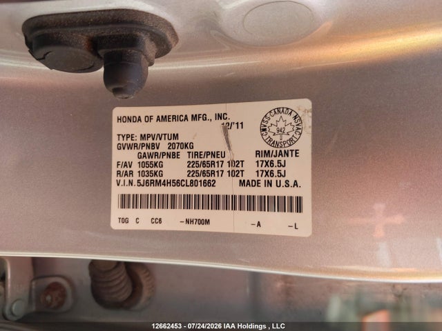 2012 Honda Cr-v Ex მანქანა იყიდება აუქციონზე, vin: 5J6RM4H56CL801662, აუქციონის ნომერი: 12662453