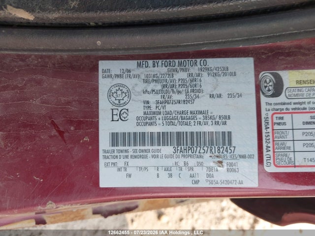 Продажа на аукционе авто 2007 Ford Fusion Se, vin: 3FAHP07Z57R182457, номер лота: 12662455