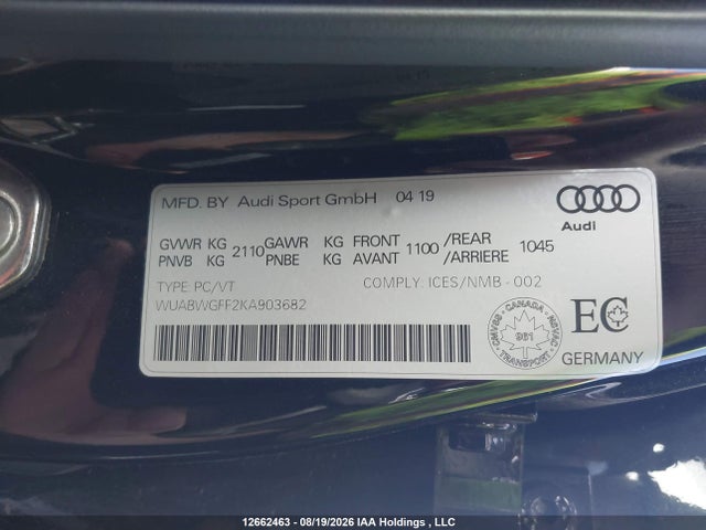 12662463 :رقم المزاد ، WUABWGFF2KA903682 vin ، 2019 Audi Rs 3 2.5t مزاد بيع