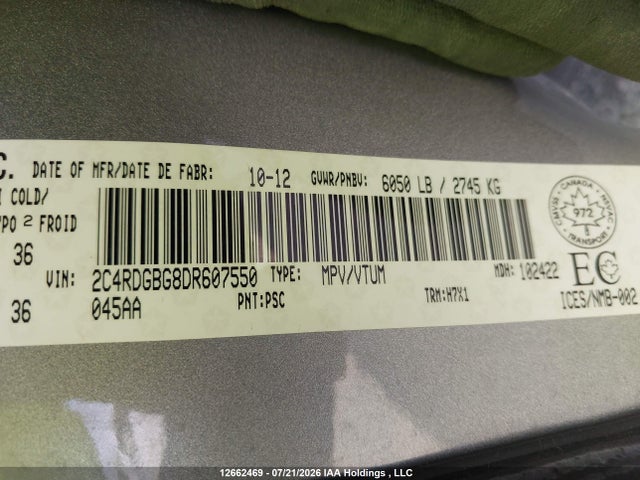 12662469 :رقم المزاد ، 2C4RDGBG8DR607550 vin ، 2013 Dodge Grand Caravan Se/sxt مزاد بيع