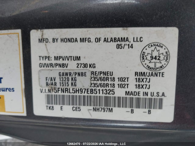 5FNRL5H97EB511325 Honda Odyssey Touring/touring Elite