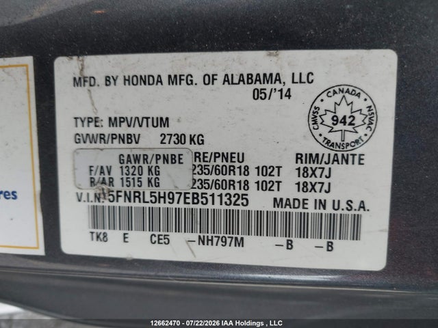 5FNRL5H97EB511325 Honda Odyssey Touring/touring Elite