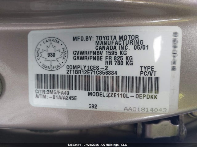 Продаж на аукціоні авто 2001 Toyota Corolla Ce/le/s, vin: 2T1BR12E71C856884, номер лоту: 12662471