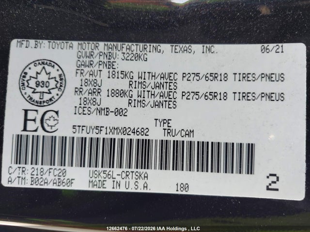 Aukcja sprzedaży 2021 Toyota Tundra, vin: 5TFUY5F1XMX024682, numer aukcji: 12662476