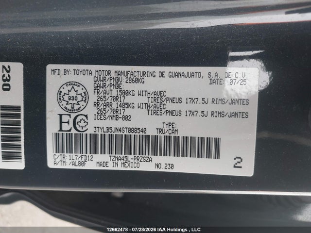 12662478 :رقم المزاد ، 3TYLB5JN4ST088540 vin ، 2025 Toyota Tacoma مزاد بيع