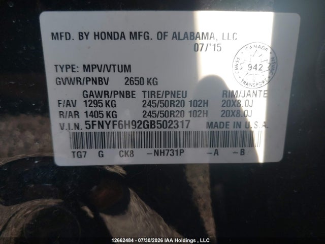 Honda Pilot 2016 5FNYF6H92GB502317 Image 9