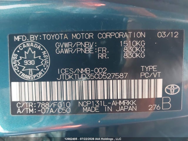 2012 Toyota Yaris მანქანა იყიდება აუქციონზე, vin: JTDKTUD35CD527587, აუქციონის ნომერი: 12662485