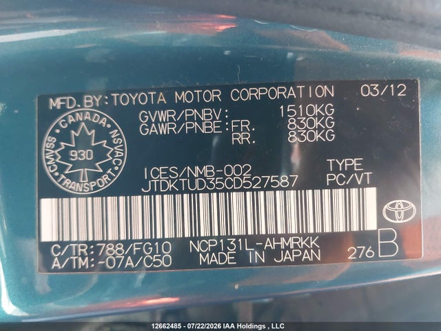 2012 Toyota Yaris მანქანა იყიდება აუქციონზე, vin: JTDKTUD35CD527587, აუქციონის ნომერი: 12662485