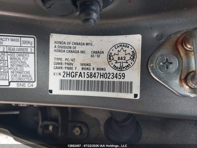 Продаж на аукціоні авто 2007 Honda Civic Ex, vin: 2HGFA15847H023459, номер лоту: 12662487