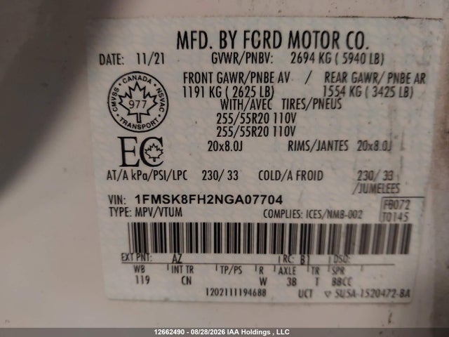 Продажа на аукционе авто 2022 Ford Explorer Limited, vin: 1FMSK8FH2NGA07704, номер лота: 12662490