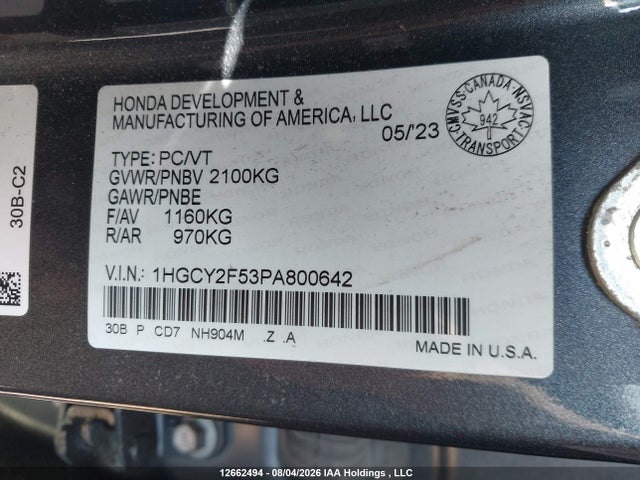 Продаж на аукціоні авто 2023 Honda Accord Hybrid Sport, vin: 1HGCY2F53PA800642, номер лоту: 12662494