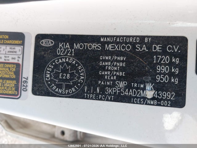12662501 :رقم المزاد ، 3KPF54AD2ME343992 vin ، 2021 Kia Forte Ex مزاد بيع