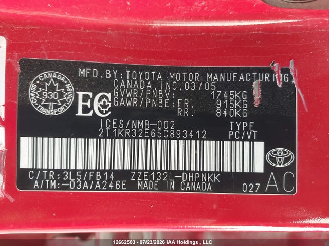Продаж на аукціоні авто 2005 Toyota Corolla Matrix Xr, vin: 2T1KR32E65C893412, номер лоту: 12662503
