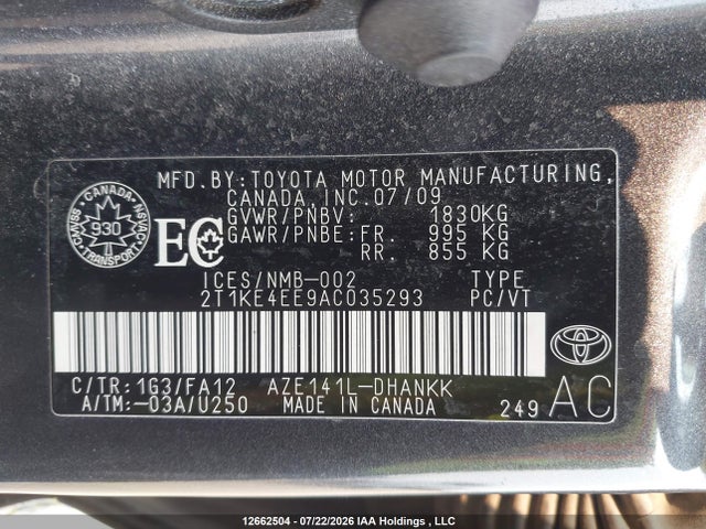 2010 Toyota Matrix Xr მანქანა იყიდება აუქციონზე, vin: 2T1KE4EE9AC035293, აუქციონის ნომერი: 12662504