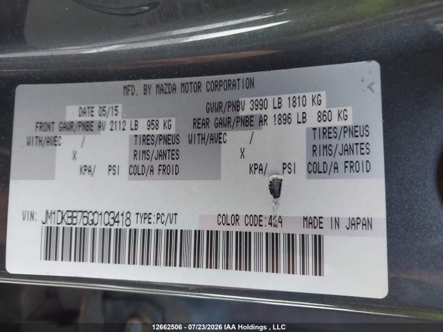 12662506 :رقم المزاد ، JM1DKBB76G0103418 vin ، 2016 Mazda Cx-3 Gx مزاد بيع