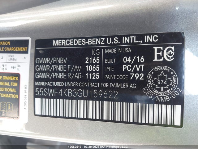 Auction sale of the 2016 Mercedes-benz C 300 4matic, vin: 55SWF4KB3GU159622, lot number: 12662513