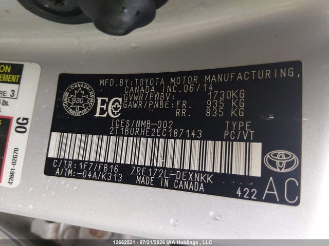 2014 Toyota Corolla L/le/le Pls/prm/s/s Pls მანქანა იყიდება აუქციონზე, vin: 2T1BURHE2EC187143, აუქციონის ნომერი: 12662521