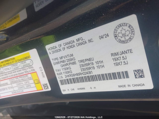 2024 Honda Cr-v Sport Touring მანქანა იყიდება აუქციონზე, vin: 2HKRS6H95RH224081, აუქციონის ნომერი: 12662529