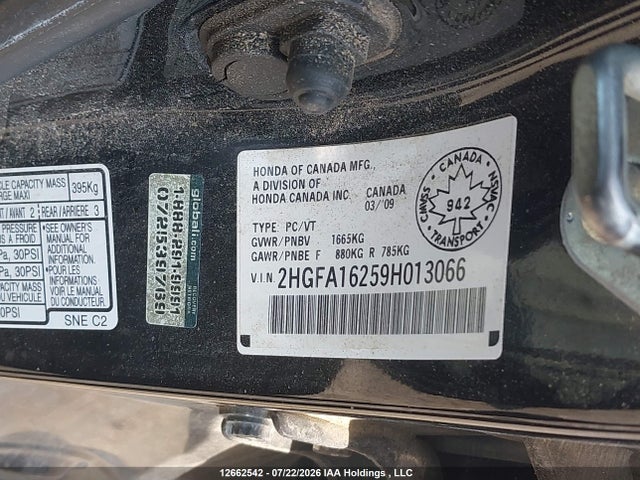 12662542 :رقم المزاد ، 2HGFA16259H013066 vin ، 2009 Honda Civic مزاد بيع