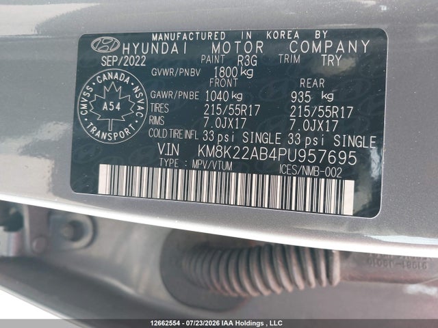 Продаж на аукціоні авто 2023 Hyundai Kona Preferred, vin: KM8K22AB4PU957695, номер лоту: 12662554
