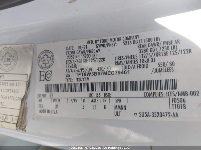 Aukcja sprzedaży 2021 Ford F350 Super Duty, vin: 1FT8W3B67MEC79461, numer aukcji: 12662566