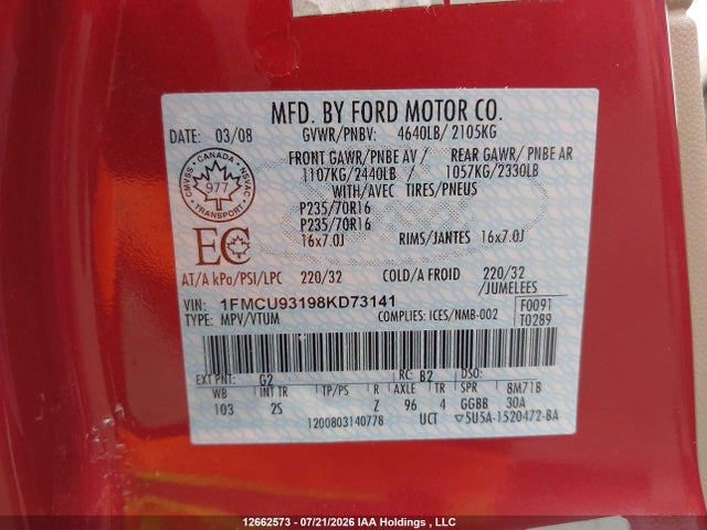2008 Ford Escape Xlt მანქანა იყიდება აუქციონზე, vin: 1FMCU93198KD73141, აუქციონის ნომერი: 12662573
