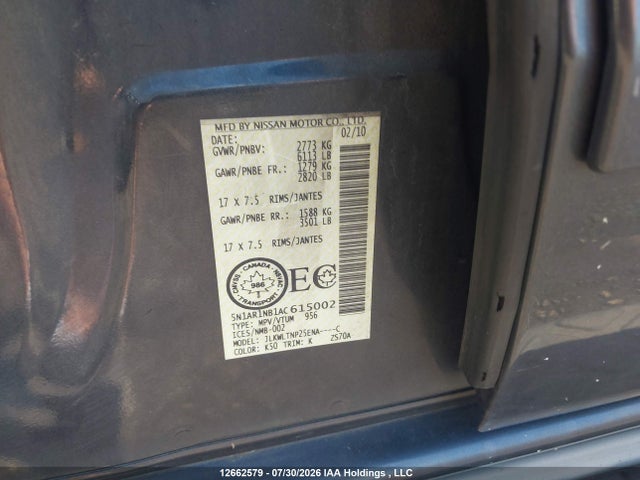 Aukcja sprzedaży 2010 Nissan Pathfinder Se, vin: 5N1AR1NB1AC615002, numer aukcji: 12662579