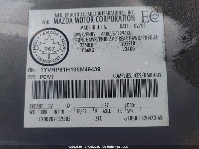 Aukcja sprzedaży 2009 Mazda Mazda6 I Sport/i Touring, vin: 1YVHP81H195M49439, numer aukcji: 12662580