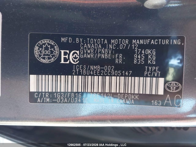 Продаж на аукціоні авто 2012 Toyota Corolla Ce, vin: 2T1BU4EE2CC905147, номер лоту: 12662585
