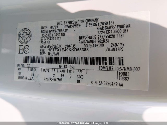 2019 Ford F150 Super Cab მანქანა იყიდება აუქციონზე, vin: 1FTFX1E49KKD53383, აუქციონის ნომერი: 12662596