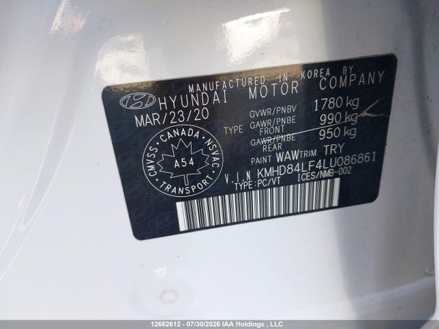 12662612 :رقم المزاد ، KMHD84LF4LU086861 vin ، 2020 Hyundai Elantra Preferred With Sun And Safety Package Auto Ivt مزاد بيع