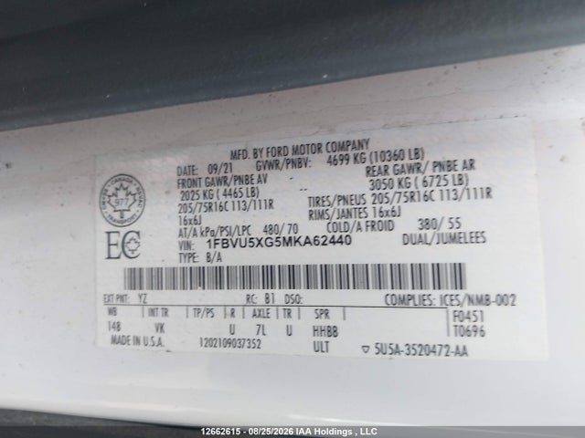 2021 Ford Transit მანქანა იყიდება აუქციონზე, vin: 1FBVU5XG5MKA62440, აუქციონის ნომერი: 12662615