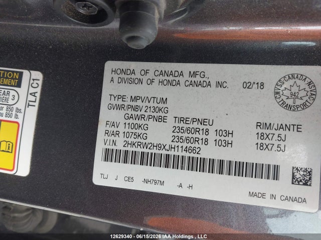 2018 Honda Cr-v Touring მანქანა იყიდება აუქციონზე, vin: 2HKRW2H9XJH114662, აუქციონის ნომერი: 12629340
