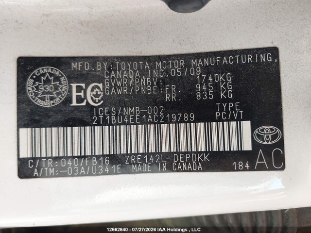 Aukcja sprzedaży 2010 Toyota Corolla, vin: 2T1BU4EE1AC219789, numer aukcji: 12662640