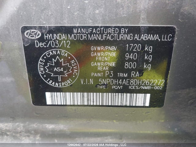 12662642 :رقم المزاد ، 5NPDH4AE8DH262272 vin ، 2013 Hyundai Elantra Gls/limited مزاد بيع
