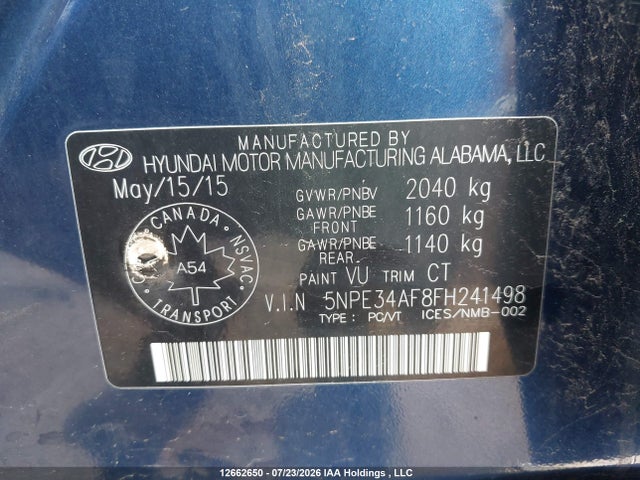 12662650 :رقم المزاد ، 5NPE34AF8FH241498 vin ، 2015 Hyundai Sonata Sport/limited مزاد بيع