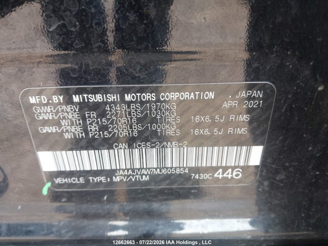 2021 Mitsubishi Rvr Gt/le/se/sel მანქანა იყიდება აუქციონზე, vin: JA4AJVAW7MU605854, აუქციონის ნომერი: 12662663