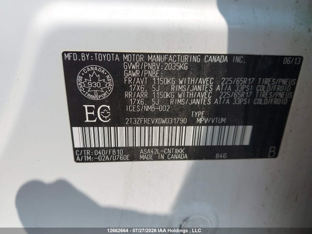 Aukcja sprzedaży 2013 Toyota Rav4 Le, vin: 2T3ZFREVXDW031790, numer aukcji: 12662664