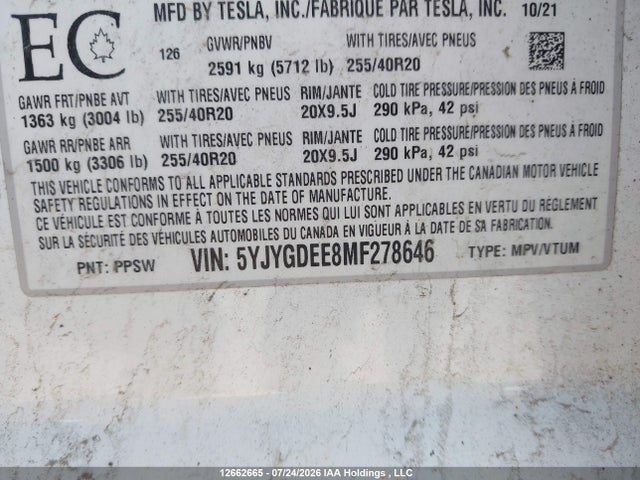 12662665 :رقم المزاد ، 5YJYGDEE8MF278646 vin ، 2021 Tesla Model Y Long Range مزاد بيع