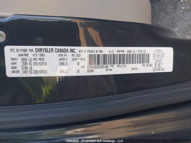 2012 Dodge Grand Caravan Se მანქანა იყიდება აუქციონზე, vin: 2C4RDGBG6CR331402, აუქციონის ნომერი: 12662680