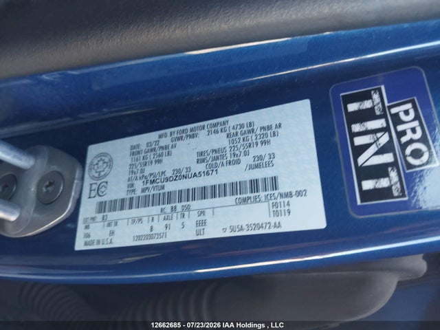 2022 Ford Escape Titanium Hybrid მანქანა იყიდება აუქციონზე, vin: 1FMCU9DZ0NUA51671, აუქციონის ნომერი: 12662685