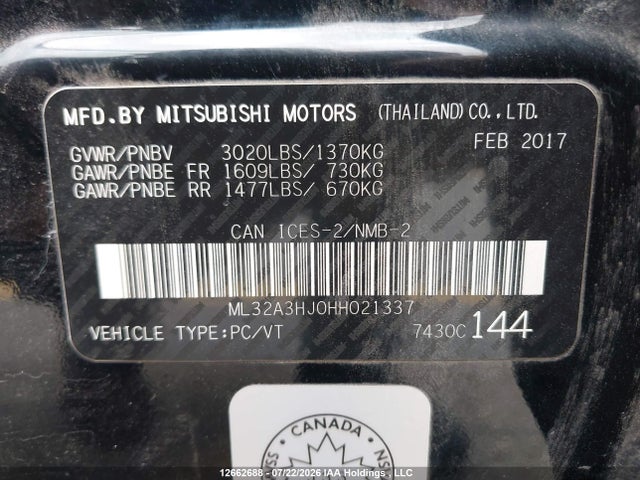 2017 Mitsubishi Mirage მანქანა იყიდება აუქციონზე, vin: ML32A3HJ0HH021337, აუქციონის ნომერი: 12662688