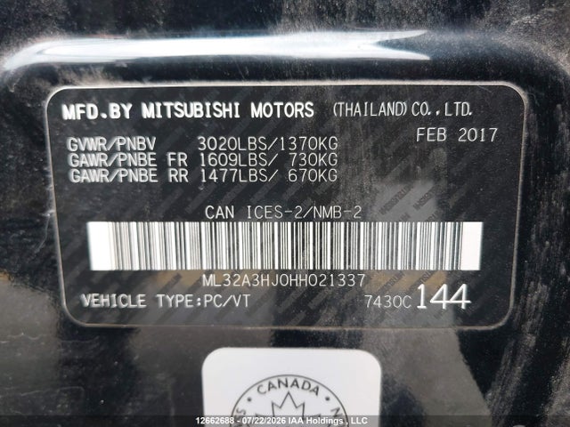 2017 Mitsubishi Mirage მანქანა იყიდება აუქციონზე, vin: ML32A3HJ0HH021337, აუქციონის ნომერი: 12662688