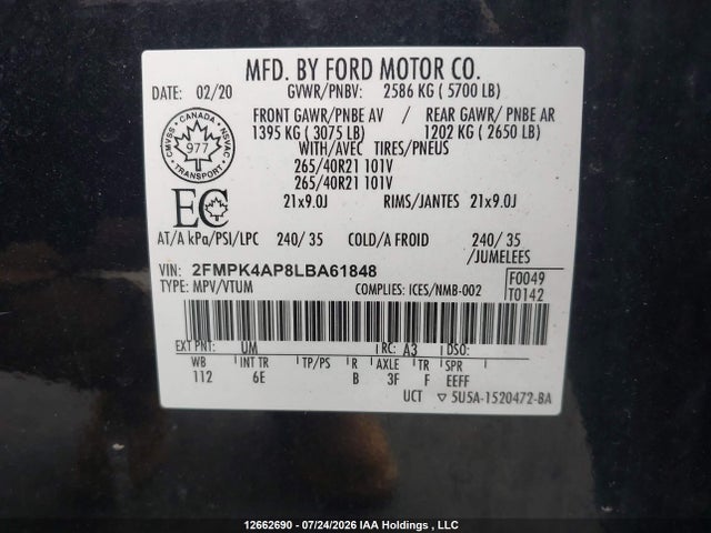 Продажа на аукционе авто 2020 Ford Edge St, vin: 2FMPK4AP8LBA61848, номер лота: 12662690