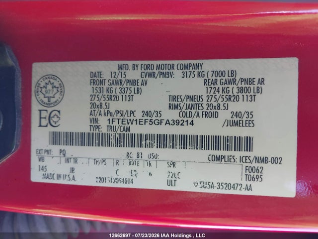2016 Ford F150 Supercrew მანქანა იყიდება აუქციონზე, vin: 1FTEW1EF5GFA39214, აუქციონის ნომერი: 12662697