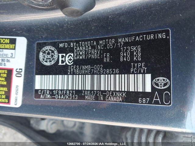 2017 Toyota Corolla Le მანქანა იყიდება აუქციონზე, vin: 2T1BURHE7HC928536, აუქციონის ნომერი: 12662700